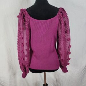 CATO Size Medium Fuchsia Pink Ribbed Knit Sheer Embroidered‎ Puff Sleeve Sweater